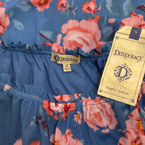 🔶Democracy 3/4 Pick-Up Sleeve Floral Blue Off The Shoulder Mesh Stretch Top NWT - Picture 5 of 5